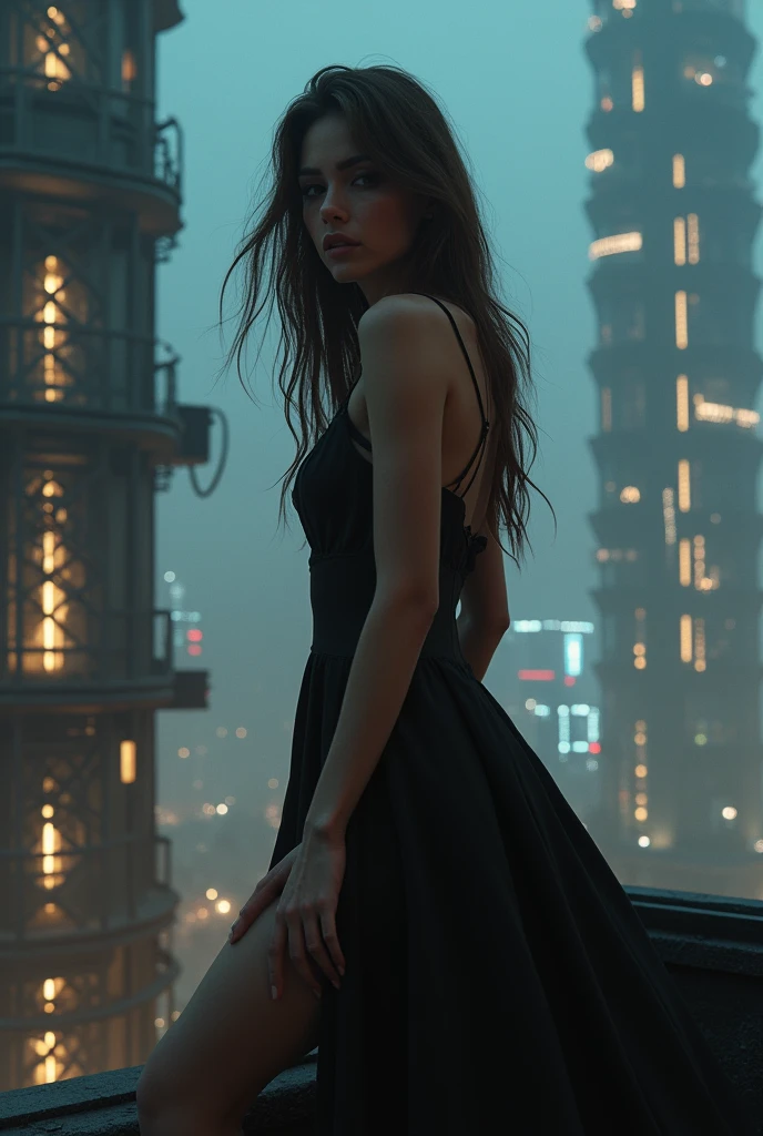 Huge sprawling city bladerunner 2049 style,fisheye effect,Hailee steinfeld with brown flowing hair,Extreme Closeup,,young Caucasian woman standing on rooftop below towering futuristic lattice buildings,Smokey eyes ,black flowing dress blowing in wind,thigh leaning forwards,looks like joi ,beautiful makeup,skin imperfections,sensual, dark misty night illuminated city, ,cateye makeup,bokeh, looks like joi from blade runner,looks like ana de armas,stylish hair ,ultra HD,intricate details,3d render,hyper maximalist,light pouring in window, Premium, Superior, Professional, Flawless, Exquisite, High- end, Photorealistic, Textured, Impressive, Hyperrealistic, High- resolution, Lifelike, Masterpiece, High dynamic range (HDR), PBR (Physically Based Rendering), Post- processing effects, Dynamic composition, Ray tracing, Ultra detailed, High quality, Sharp focus, Translucency, Naturalistic, Organic textures, Highly detailed, Details, Full HD, Depth of field, Realistic lighting