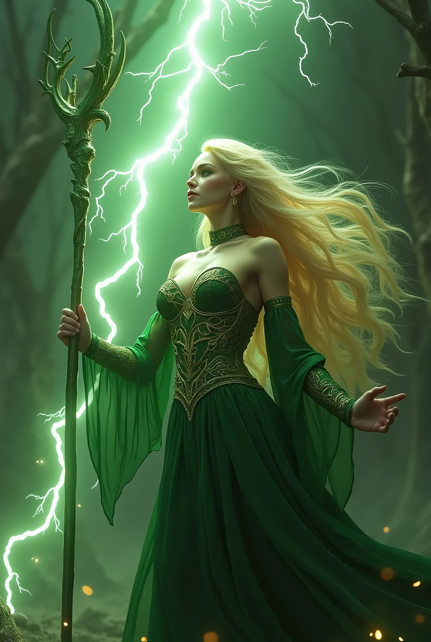 (masterpiece, photorealistic:1.4, extremely intricate:1.3), (photon mapping, radiosity, physically based rendering, ultra resolution, hyper-realistic, photorealistic:1.4, hyper-realistic, 8K), (((blonde buxom Sylph, large breasts))) Green gold sorceress, staff raised, lightning power
