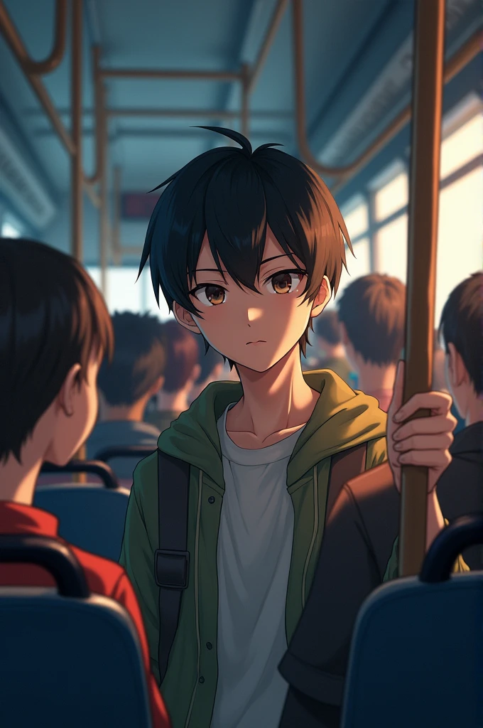 Adult anime boy riding a bus full of people with a stick of hope and worry 