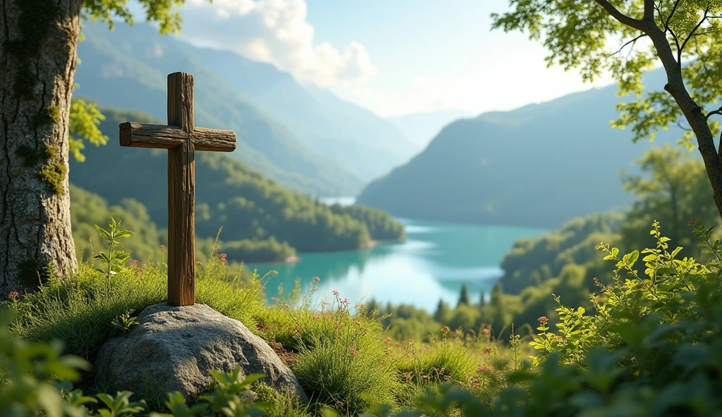 make image of plant geography romania mainly capital area, in the summer, with an idea of faith, add a wooden cross to all images, high environments with a beautiful lake.
