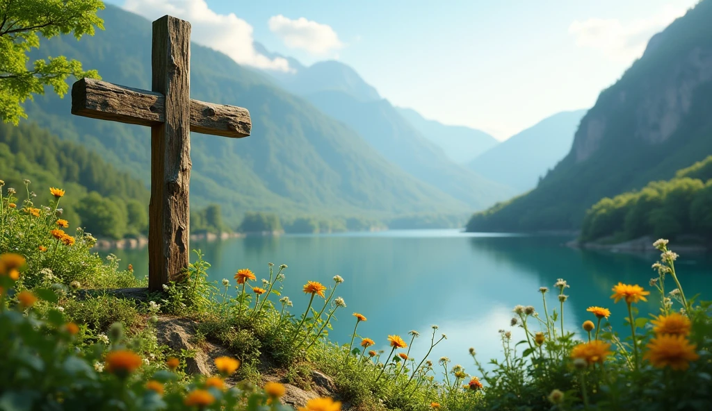 make image of plant geography romania mainly capital area, in the summer, with an idea of faith, add a wooden cross to all images, high environments with a beautiful lake.
