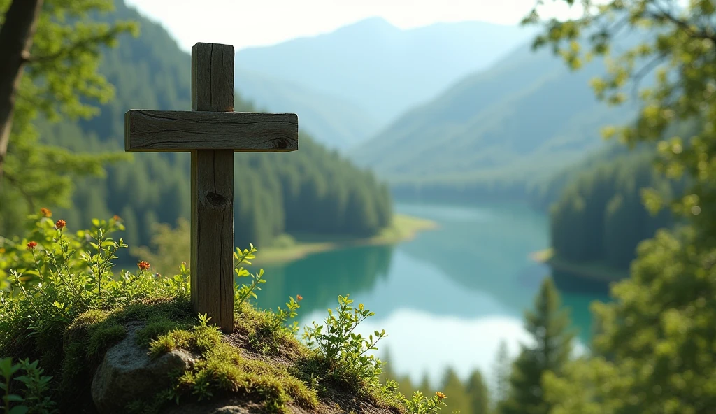 make image of plant geography romania mainly capital area, in the summer, with an idea of faith, add a wooden cross to all images, high environments with a beautiful lake.
