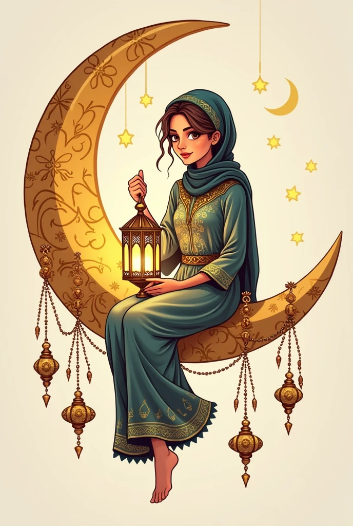 Cartoon drawing, create a logo of a yellow crescent moon decorated with Ramadan ornaments, sitting on it a beautiful girl wearing an Arabic dress decorated with Arabic ornaments and holding a lit Ramadan lantern in her hand, high-detail vector drawing 
