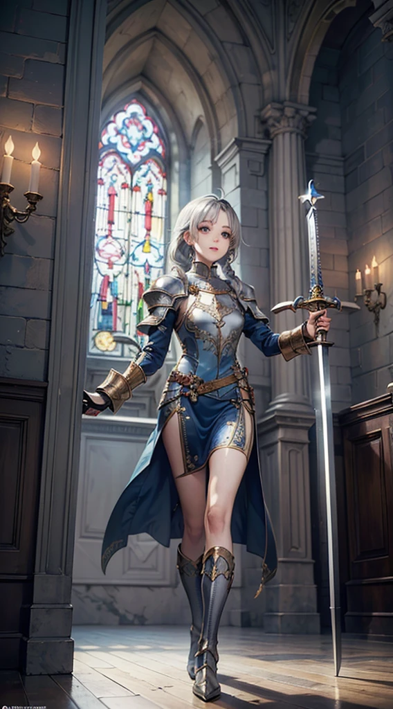 (Official art、Best Quality、Unity 8k Wallpapers、32K、masterpiece、ultra-detailliert、超A high resolution、realisitic、Photorealsitic、Very ridiculous:1.2)、(Cinematic lighting:1.2)、Fireglow effect、film grains、Best Shadows、Rim lighting、side lights、(Ultra-detailed and complex 3D rendering)、Detailed beautiful face and eyes、Sharp pupils、Realistic pupils、A slender、1Man Woman、Medium bust、(Full body:1.2)、 beauitful face、1 beautiful girl、(super detailed skin、detailed skin textures:1.3)、(silver blond、Blue-silver hair:1.3)、Paladin、Longhaire、Blunt bangs、Green eyes、3 braids in 1 bunch、(Blue Armor、Blue Boots、Blue helmet、Jeweled、Gold embroidery)、A slender、Maxi skirt、(thighs thighs thighs thighs:0.8)、(chies、in a house、Artistic stained glass、Large pipe organ、crosses、Hello Point、Mystical、a lot of feathers float、angelicales、Particles of light、solemnity、Sunlight is、colourfull、Fantastical:1.2)、(Fantastical:1.3)、(Holding the Holy Sword:1.4)、(Looking away、looking distantly:1.3)、Fantastical、Gentle smile