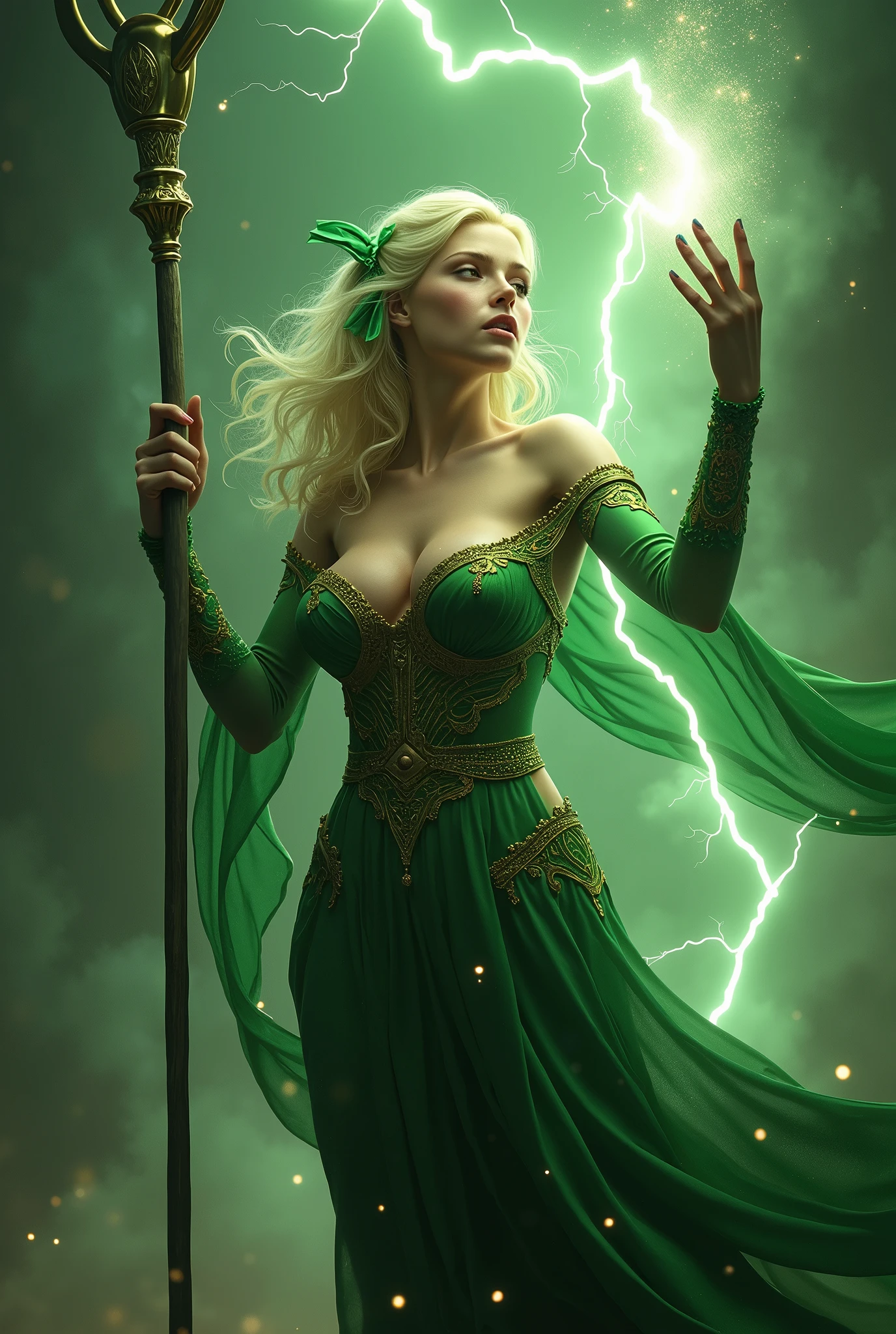 (masterpiece, photorealistic:1.4, extremely intricate:1.3), (photon mapping, radiosity, physically based rendering, ultra resolution, hyper-realistic, photorealistic:1.4, hyper-realistic, 8K), (((blonde buxom Sylph, large breasts))) Green gold sorceress, staff raised, lightning power