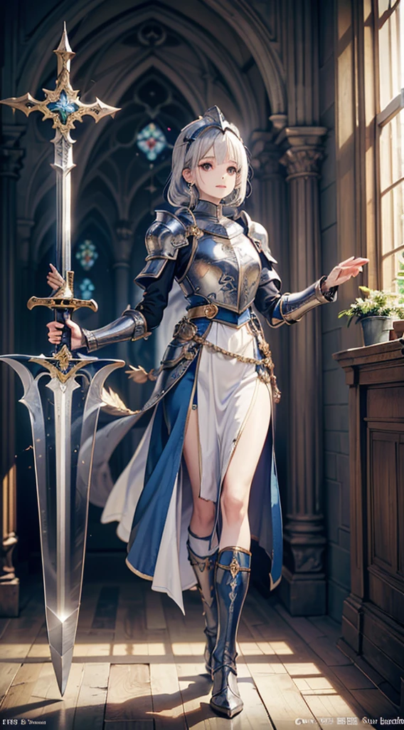 (Official art、Best Quality、Unity 8k Wallpapers、32K、​masterpiece、ultra-detailliert、超A high resolution、realisitic、Photorealsitic、Very ridiculous:1.2)、(Cinematic lighting:1.2)、Fireglow effect、film grains、Best Shadows、Rim lighting、side lights、(Ultra-detailed and complex 3D rendering)、Detailed beautiful face and eyes、Sharp pupils、Realistic pupils、A slender、１Man Woman、Medium bust、(Full body:1.2)、 beauitful face、1 beautiful girl、(super detailed skin、detailed skin textures:1.3)、(silver blond、Blue-silver hair:1.3)、Paladin、Longhaire、Blunt bangs、Green eyes、3 braids in 1 bunch、(Blue Armor、Blue Boots、Blue helmet、Jeweled、Gold embroidery)、A slender、Maxi skirt、(thighs thighs thighs thighs:0.8)、(chies、in a house、Artistic stained glass、Large pipe organ、crosses、Hello Point、Mystical、a lot of feathers float、angelicales、Particles of light、solemnity、Sunlight is、colourfull、Fantastical:1.2)、(Fantastical:1.3)、(Holding the Holy Sword:1.4)、(Looking away、looking distantly:1.3)、Fantastical、Gentle smile