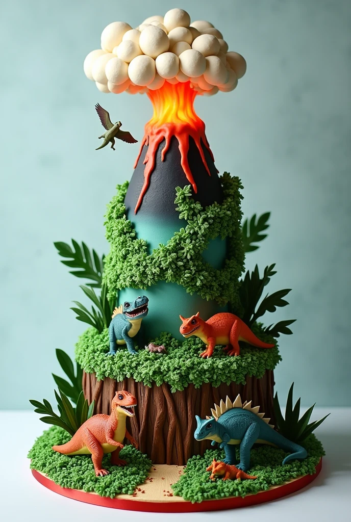 Create an image of a 3-tier fondant cake. sendo:
First lower floor consisting of a wooden trunk in fondant and a dinosaur next to the trunk Second floor with shrub-like foliage, a volcano rising from the second to the third floor, besides a dinosaur next to the bushes Third floor completing the volcano, some fondant clouds in the sky, besides a flying dinosaur
