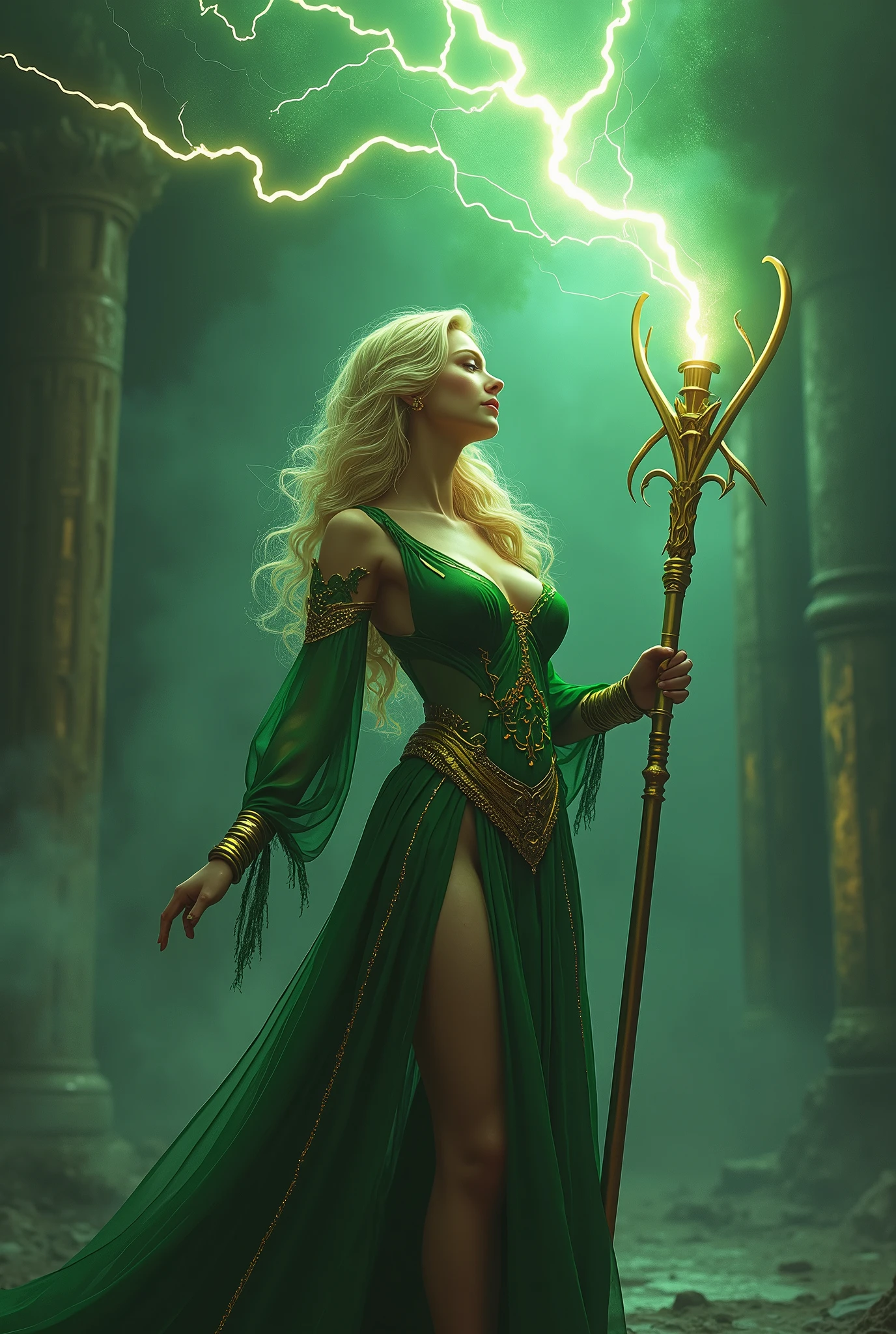 (masterpiece, photorealistic:1.4, extremely intricate:1.3), (photon mapping, radiosity, physically based rendering, ultra resolution, hyper-realistic, photorealistic:1.4, hyper-realistic, 8K), (((blonde buxom Sylph, large breasts))) Green gold sorceress, staff raised, lightning power