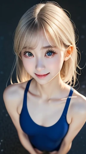 ((sfw:1.5)),((sfw:1.5)),((sfw:1.5)),((sfw:1.5)),((from above:1.5)),((Upper Body:1.5)) Korean Asian Teenager Photos、((Beautiful and cute idol girl:1.5))、Platinum Blonde Hair、11yo,Narrow eyes:1.5、Thin face、Thin neck、((Slim body)),((skinny):1.5),((Flat chest:1.5)),((clavicle)),((Narrow eyes：1.5))、(Thin arms)、(Thin neck)、（Thin lips）、A small smile、Thin arms、(Dark blue school swimsuit:1.5）、littlesmile,