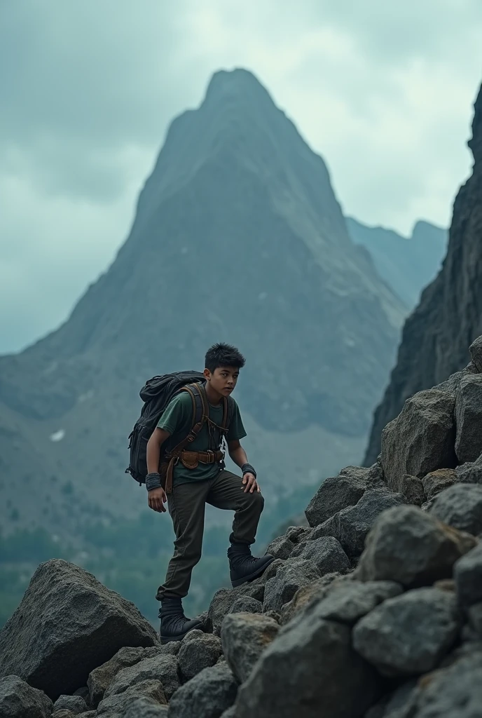 A boy who had a bag in his sholder and hardly try to climb up a  mountain.  The image back ground is cloudy and dark . 