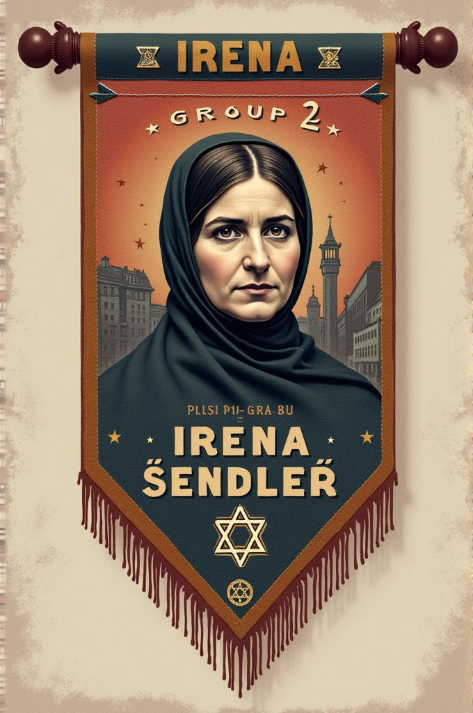 Create an image for a pennant with the name Irena Sendler and a drawing that represents her and contains writing "Group 2" in Spanish 