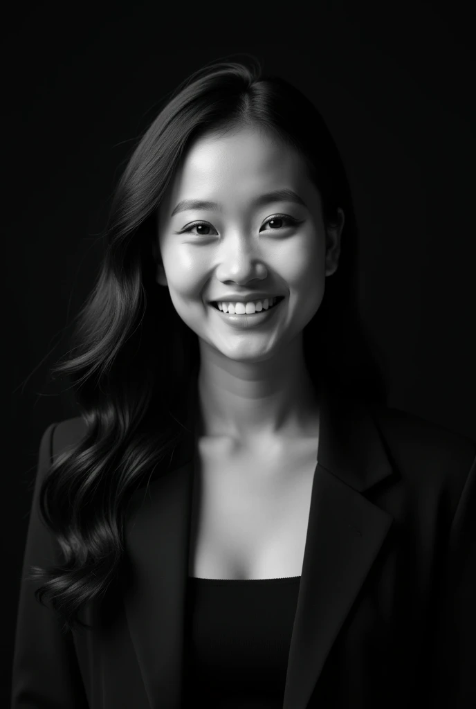 A professional black-and-white portrait of a cute very beauty young indonesian woman, dark hair. She has a warm smile, wearing modern stylish fashion. The background is solid black, highlighting her features and creating a sleek, modern look. The lighting is soft and evenly distributed, emphasizing her confident and approachable expression.