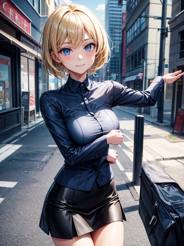 Anime style, super fine illustration, highly detailed, beautiful detailed, perfect detailed, super high quality image, static representation, gentle expression, happy expression, the pretty image, super stylish, 8k, beautiful face, handsome face, perfect 1girl with blonde straight short hair & blue eyes & a bright smile & full bust & soft fair skin is a career woman supervisor who is not to show her skin wearing big light blue business shirt & black summer tailored jacket & black tight skirt & black pantyhose on the urban business buildings street, in the morning, solo, perfect fingers, no more fingers, no less fingers, perfect arms, no more arms, perfect legs, no more legs, no more hair, masterpiece.