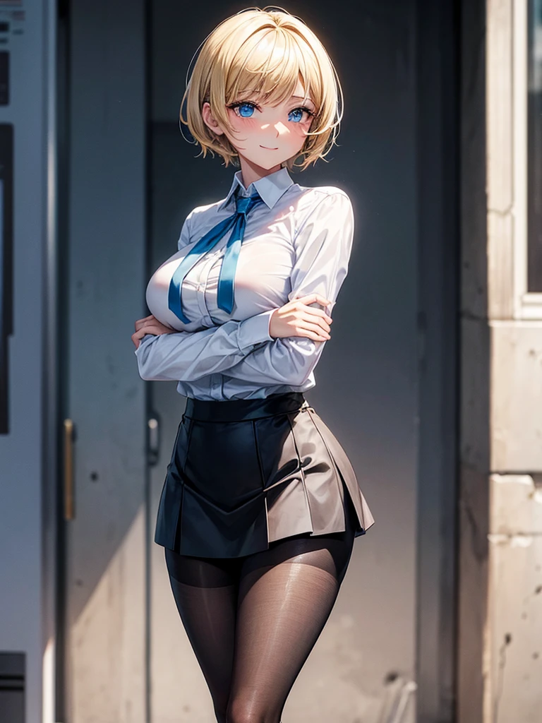 Anime style, super fine illustration, highly detailed, beautiful detailed, perfect detailed, super high quality image, static representation, gentle expression, happy expression, the pretty image, super stylish, 8k, beautiful face, handsome face, perfect 1girl with blonde straight short hair & blue eyes & a bright smile & full bust & soft fair skin is a career woman supervisor who is not to show her skin wearing big light blue business shirt & black summer tailored jacket & black tight skirt & black pantyhose on the urban business buildings street, in the morning, solo, perfect fingers, no more fingers, no less fingers, perfect arms, no more arms, perfect legs, no more legs, no more hair, masterpiece.