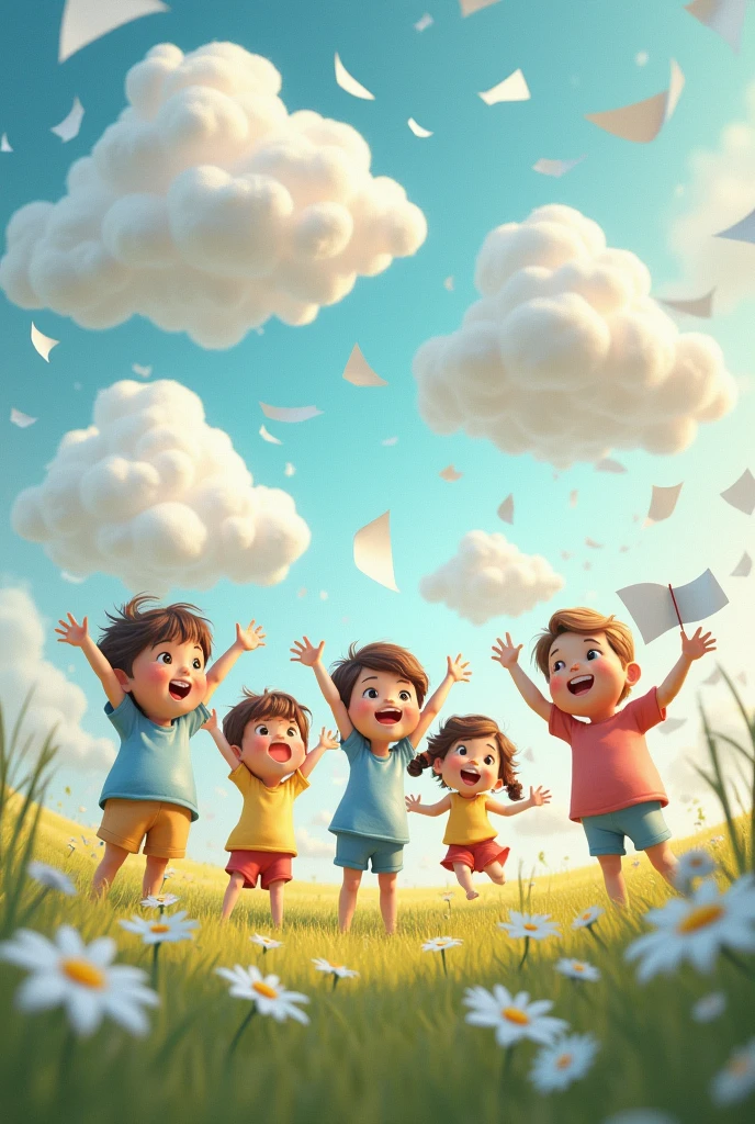 Children making clouds by crumpling paper 