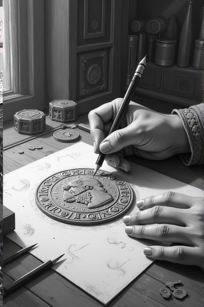 The coin is being minted in an ancient civilization (For example, in Rome or in Mesopotamia). In pencil