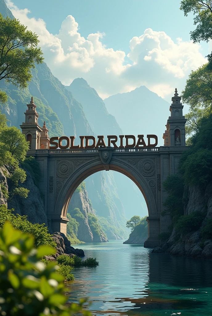 A beautiful bridge and on it in large closed capital letters the word solidarity in Spanish
