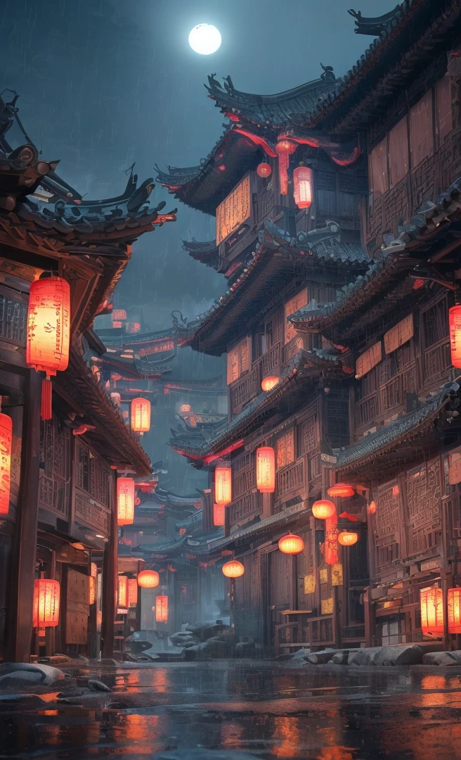 A dreamy ancient Chinese village at night, with beautifully lit buildings, heavy rain, rainy evening, cinematic, 8k, high detailed, photo-realistic, masterpiece, (best quality, 4k, 8k, highres, masterpiece:1.2), ultra-detailed, (realistic, photorealistic, photo-realistic:1.37), HDR, UHD, studio lighting, ultra-fine painting, sharp focus, physically-based rendering, extreme detail description, professional, vivid colors, bokeh, cyberpunk, amazing wallpaper, by Raymond Han