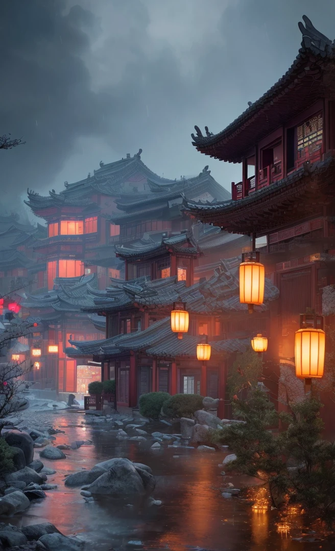 A dreamy ancient Chinese village at night, with beautifully lit buildings, heavy rain, rainy evening, cinematic, 8k, high detailed, photo-realistic, masterpiece, (best quality, 4k, 8k, highres, masterpiece:1.2), ultra-detailed, (realistic, photorealistic, photo-realistic:1.37), HDR, UHD, studio lighting, ultra-fine painting, sharp focus, physically-based rendering, extreme detail description, professional, vivid colors, bokeh, cyberpunk, amazing wallpaper, by Raymond Han