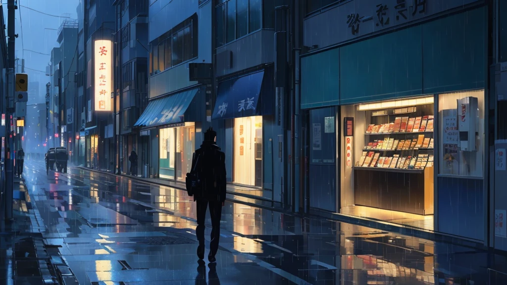 A man walking down the street in the rain, tokyo anime scene, rainy street, style of makoto shinkai, in style of makoto shinkai, makoto shinkai style, anime background art, gloomy. by makoto shinkai, makoto shinkai. —h 2160, makoto shinkai art style, reflections. by makoto shinkai