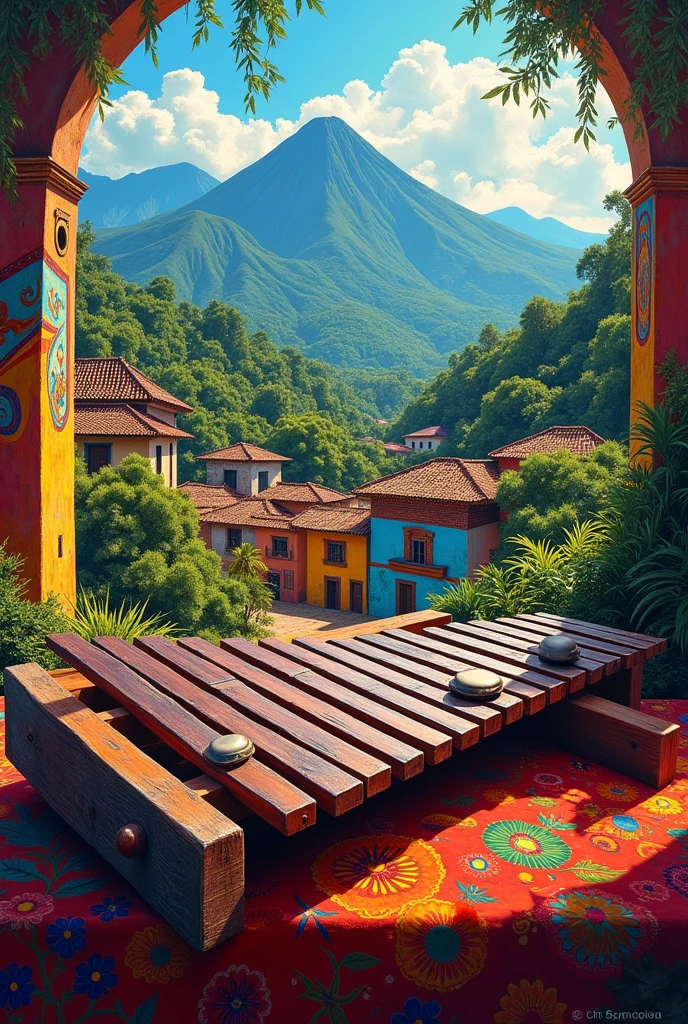 Acrylic painting of a marimba with a Guatemalan landscape background