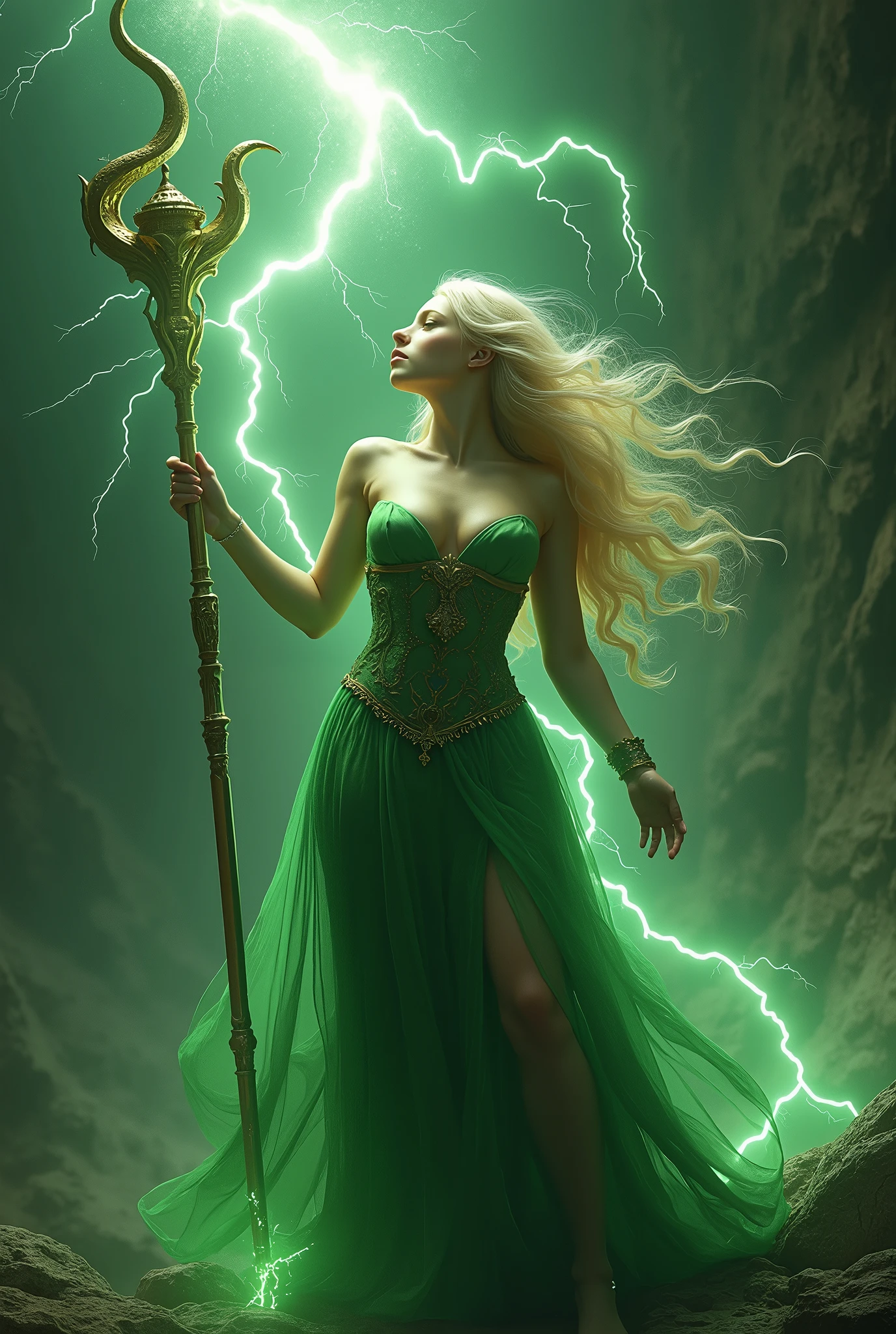 (masterpiece, photorealistic:1.4, extremely intricate:1.3), (photon mapping, radiosity, physically based rendering, ultra resolution, hyper-realistic, photorealistic:1.4, hyper-realistic, 8K), (((blonde buxom Sylph, large breasts))) Green gold sorceress, staff raised, lightning power