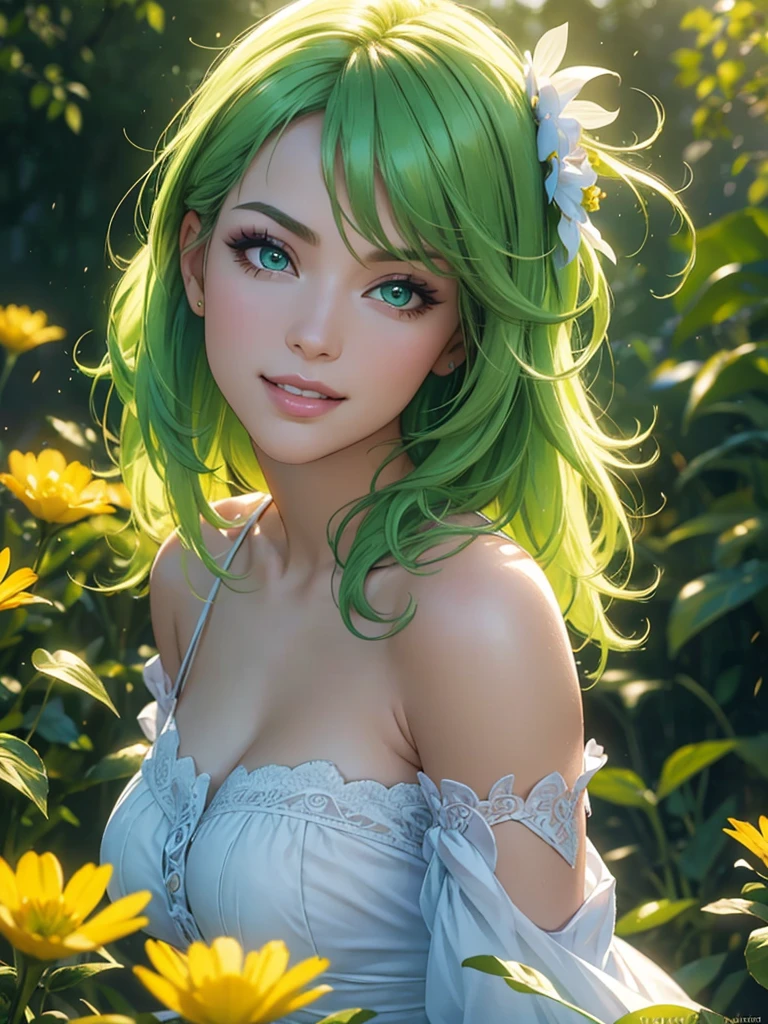 (Best quality,ultra detailed,photorealistic:1.37),Bright and rich colors,studio lighting,playful facial expression,stylish makeup, buttercup,green hair, fluttering in the wind,inviting eyes,glossy lips,sexy pose, I smile confidently and seductively,posing for a professional photo shoot,shallow depth of field,highlighting the main subject,soft natural light,Creating a dreamy and magical atmosphere.