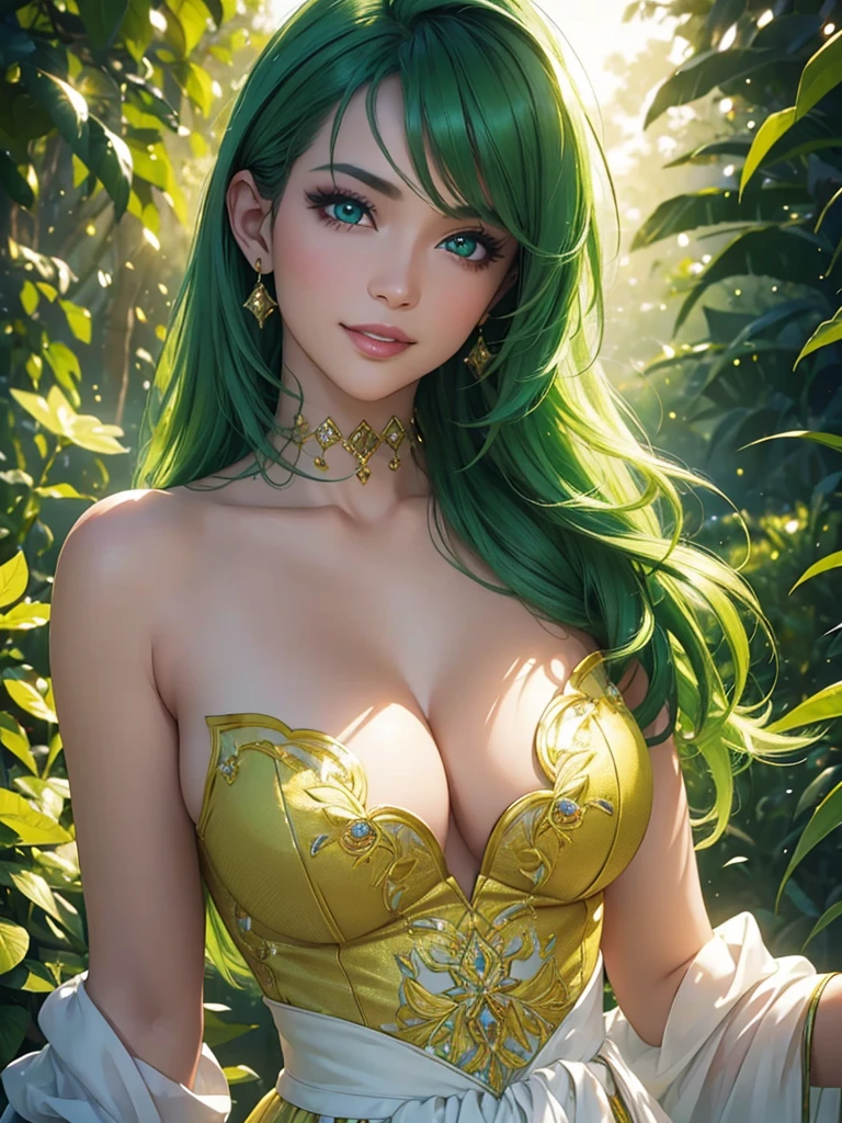 (Best quality,ultra detailed,photorealistic:1.37),Bright and rich colors,studio lighting,playful facial expression,stylish makeup, buttercup,green hair, fluttering in the wind,inviting eyes,glossy lips,sexy pose, I smile confidently and seductively,posing for a professional photo shoot,shallow depth of field,highlighting the main subject,soft natural light,Creating a dreamy and magical atmosphere.