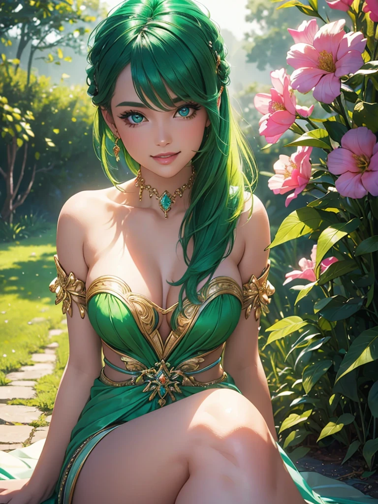 (Best quality,ultra detailed,photorealistic:1.37),Bright and rich colors,studio lighting,playful facial expression,stylish makeup, buttercup,green hair, fluttering in the wind,inviting eyes,glossy lips,sexy pose, I smile confidently and seductively,posing for a professional photo shoot,shallow depth of field,highlighting the main subject,soft natural light,Creating a dreamy and magical atmosphere.