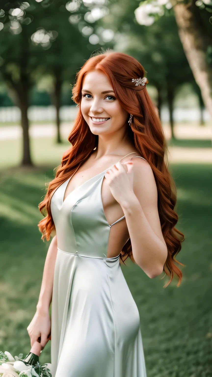 Realistic photo of the fullbody of a smiling woman, Beautiful red-haired woman with long hair, She dances in front of the camera in a long A-line bridesmaid dress with straps made of shiny golden satin., Park,glamour fotoshooting, Wedding celebration, perfect anatomy, perfect green eyes. Perfect hands with 5 fingers on each hand, Suitable woman , looking at the camera, 1 Frau. (Eye make up:1.1), (highly detailed skin:1.1), spirit, analog style, keen focus, 8K UHD, dslr, good quality, Fujifilm XT3, Grain, Award-winning, masterpiece. Wedding celebration