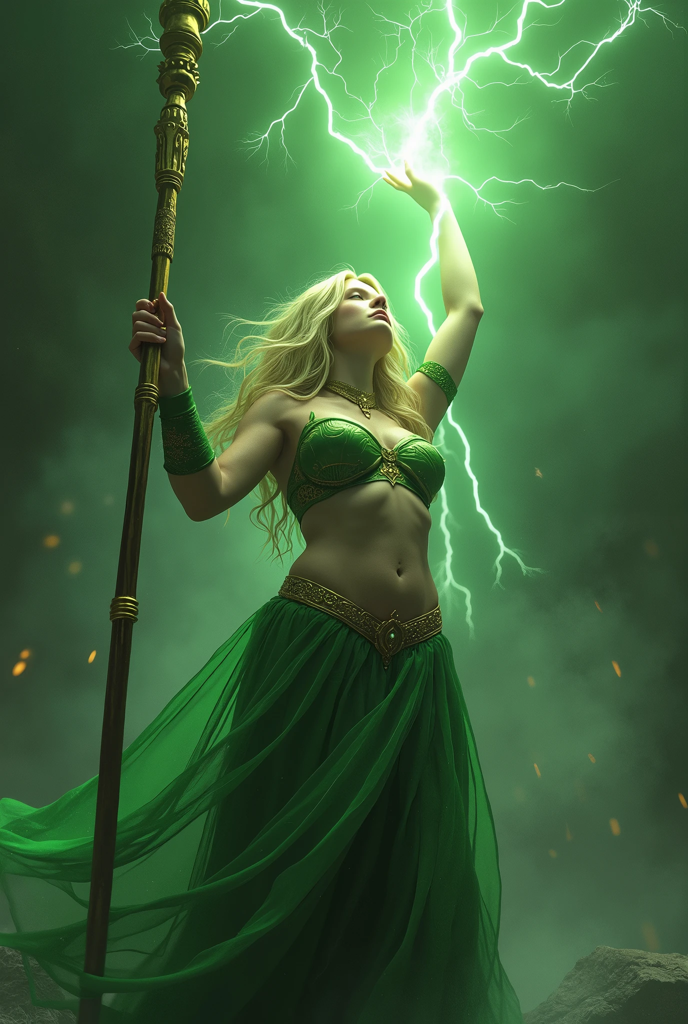 (masterpiece, photorealistic:1.4, extremely intricate:1.3), (photon mapping, radiosity, physically based rendering, ultra resolution, hyper-realistic, photorealistic:1.4, hyper-realistic, 8K), (((blonde buxom Sylph, large breasts))) Green gold sorceress, staff raised, lightning power