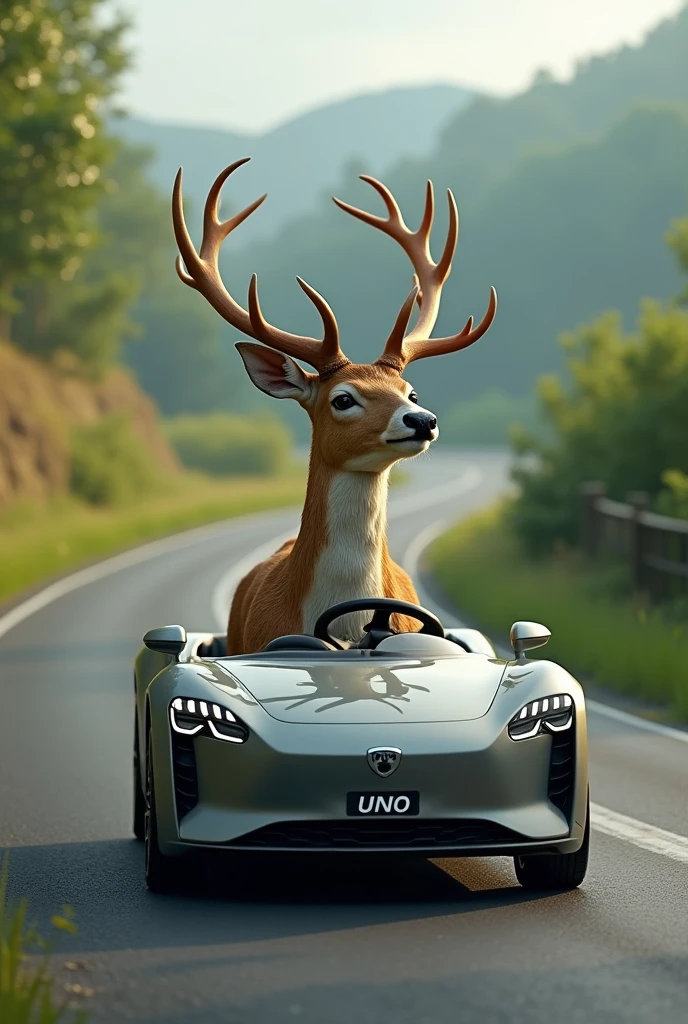 an image of a realistic deer driving a realistic uno brand car