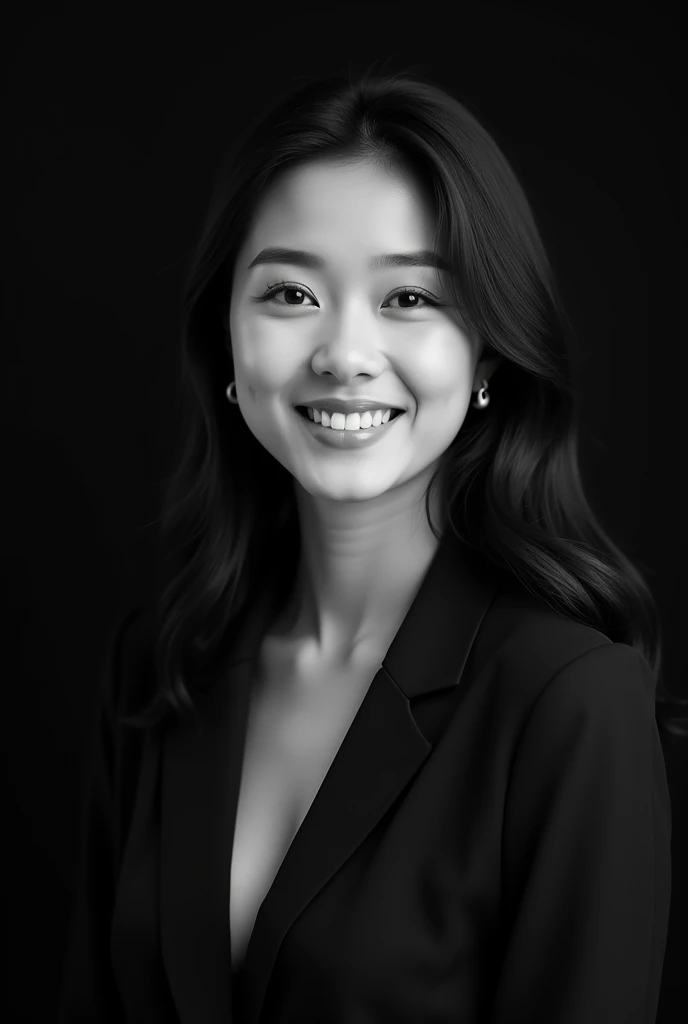 A professional black-and-white portrait of a cute very perfect beauty young indonesian woman, dark hair. She has a warm smile, wearing modern stylish fashion. The background is solid black, highlighting her features and creating a sleek, modern look. The lighting is soft and evenly distributed, emphasizing her confident and approachable expression.