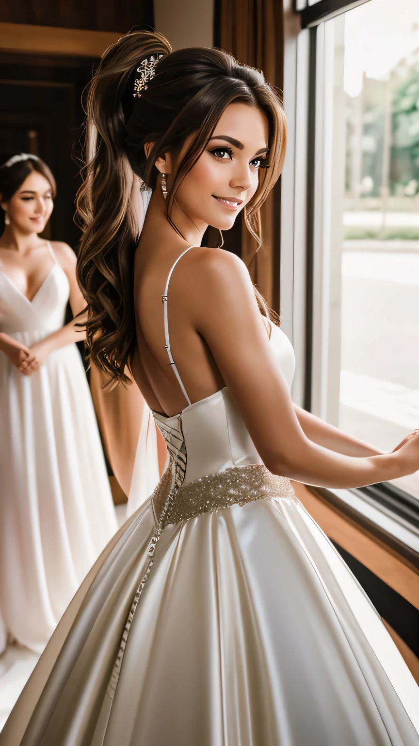 Realistic full body photo of a smiling brunette young girl with long hair, ponytail hairstyle, She dances in front of the camera in a long A-line wedding dress with straps made of shiny satin., Park,glamour fotoshooting, Wedding celebration, perfect anatomy, perfect brown eyes. Perfect hands with 5 fingers on each hand, Matching girl, look into the camera, 1 Frau. (Eye make up:1.1), (highly detailed skin:1.1), spirit, analog style, keen focus, 8K  UHD, dslr, good quality, Fujifilm XT3, Grain, Award-winning, ​masterpiece. Wedding celebration