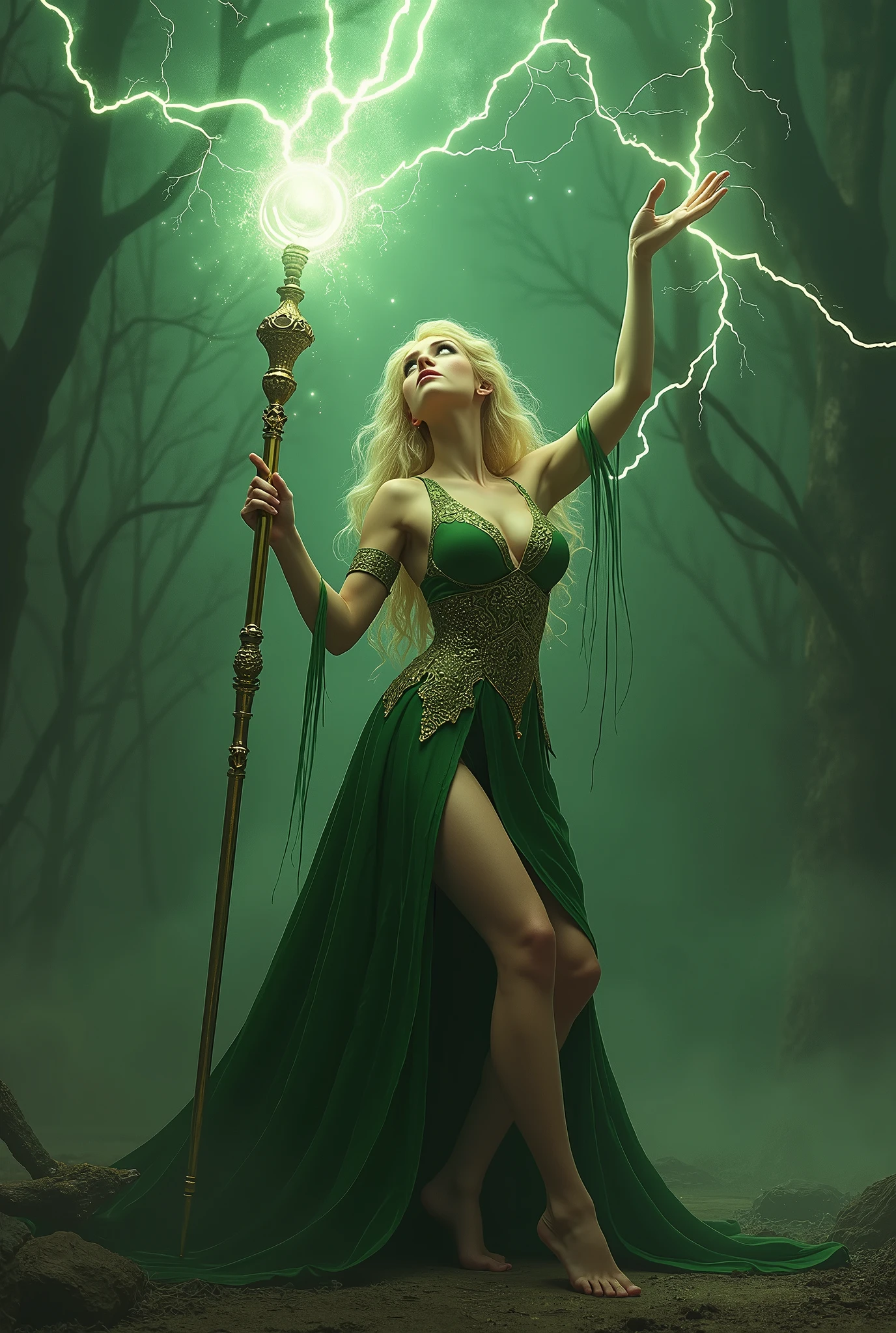 (masterpiece, photorealistic:1.4, extremely intricate:1.3), (photon mapping, radiosity, physically based rendering, ultra resolution, hyper-realistic, photorealistic:1.4, hyper-realistic, 8K), (((blonde buxom Sylph, large breasts))) Green gold sorceress, staff raised, lightning power