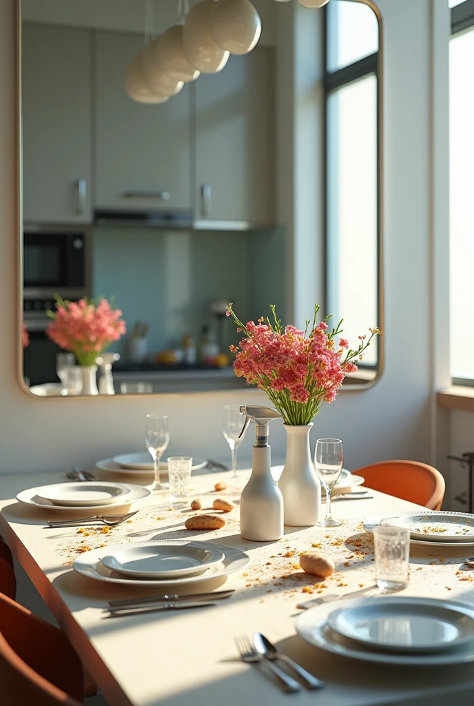 Create a detailed digital artwork depicting a paradox of cleanliness in a modern kitchen setting. The scene features a large, frameless mirror mounted on the wall. In the mirror’s reflection, a wooden dining table appears spotless, with a shiny, polished surface. The table is elegantly arranged with pristine white plates, sparkling glasses, and a vibrant bouquet of fresh flowers, giving an impression of cleanliness and order.
In contrast, the actual table, outside of the mirror’s reflection, is visibly dirty and disorganized. It has crumbs, spilled liquids, scattered papers, and a few dirty dishes, showcasing a stark difference between the two realities. Dust and smudges should be evident on the actual table.
A bottle of Clorox is placed prominently on the table, clearly visible in both the reflection and the real scene. The lighting should enhance the clean and inviting appearance of the table in the mirror, while the real table is dimmer and less appealing, highlighting the messiness.
The overall composition should create a sense of surprise, illustrating that the cleanliness seen in the reflection is a result of Clorox, emphasizing the effectiveness of the product in achieving true cleanliness.