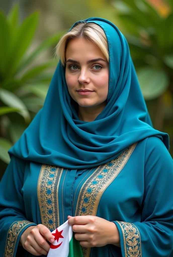Close-up, blonde, plump woman, wearing a blue, gold embroidered abaya, holding a scarf with the Algerian flag in white and green, perfect clarity of the entire image, sharpness of the face and eyes, intricate details 64k 32k HDset green nature background