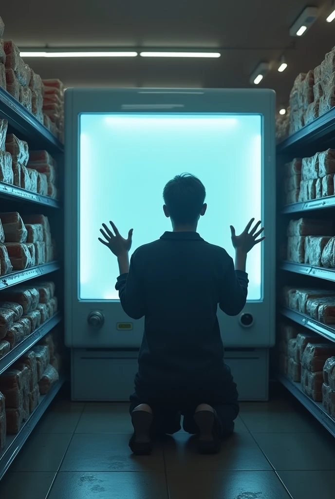 Concept: A person kneeling before a self-checkout machine in a supermarket, hands raised in worship. The background is filled with towering shelves of pre-packaged, microwaveable meals. The figure’s face is illuminated by the screen, giving them an almost religious glow.