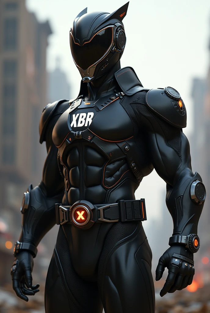 Make a black power ranger with the acronym XBR on the chest