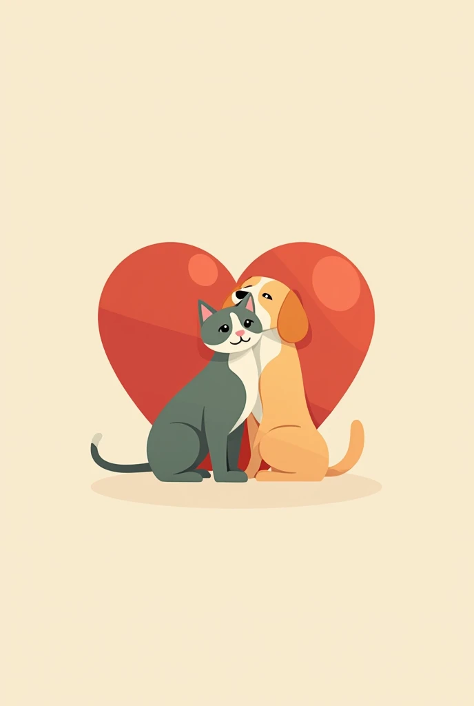 A logo that combines a heart with the image of a dog and a cat, symbolizing care and affection for pets. Make a flat logo, in drawing.