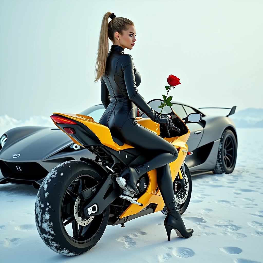 a beautiful hot women sitting on a yellow Kawasaki ninja h2 with futuristic black leather suit holding a red roses and having a background realistic snow white koeingsegg sport