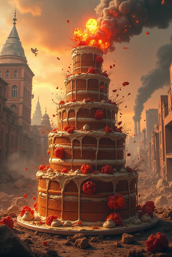 Imagine an incredible explosive cake inspired by bombs or explosives, make it look incredible with a unique background