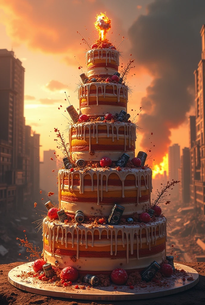 Imagine an incredible explosive cake inspired by bombs or explosives, make it look incredible with a unique background