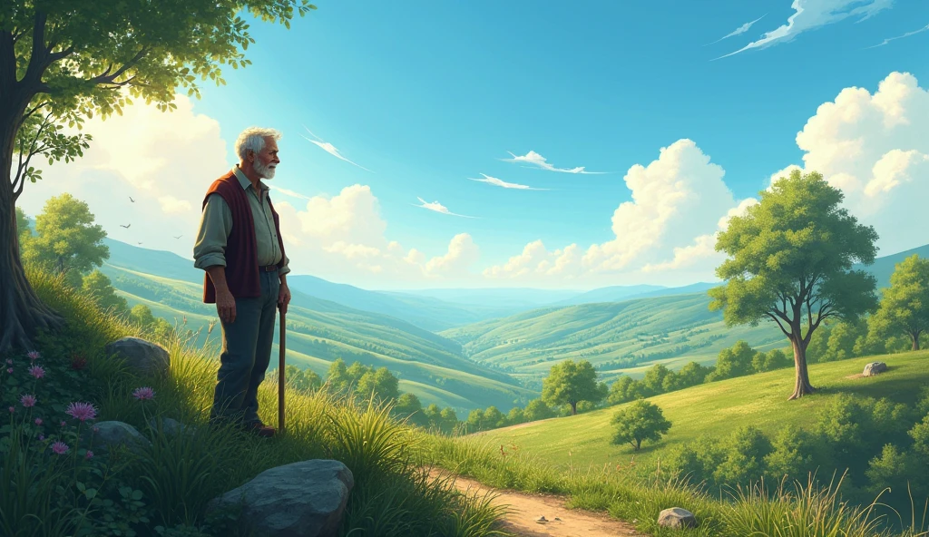 Here is the image generated based on the idea for southern Croatia, with an older man, a big clear sky and a landscape full of vegetation. If you need anything else or other images, I am available!