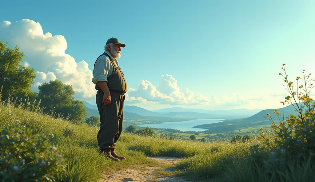 Here is the image generated based on the idea for southern Croatia, with an older man, a big clear sky and a landscape full of vegetation. If you need anything else or other images, I am available!
