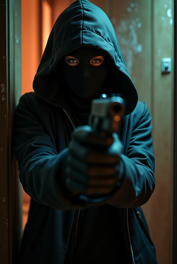 Scarlett Johnson qui porte une cagoule avec deux trou niveau des yeux et qui porte des gants avec un pistolet et quei fait un braquage dans une chambre elle tue une femme