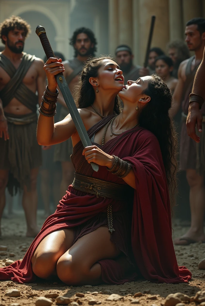 Realism, super quality, action photography style, a defeated woman kneels, her son holds the tip of his sword to the woman's throat, knife stab in the throat, Her head is thrown back strongly.., the woman has a large manly Adam's apple, (woman - 30 year old warrior, throat slashed, Womans face, gothic makeup, pale skin, long hair) (son ) The ancient Greece