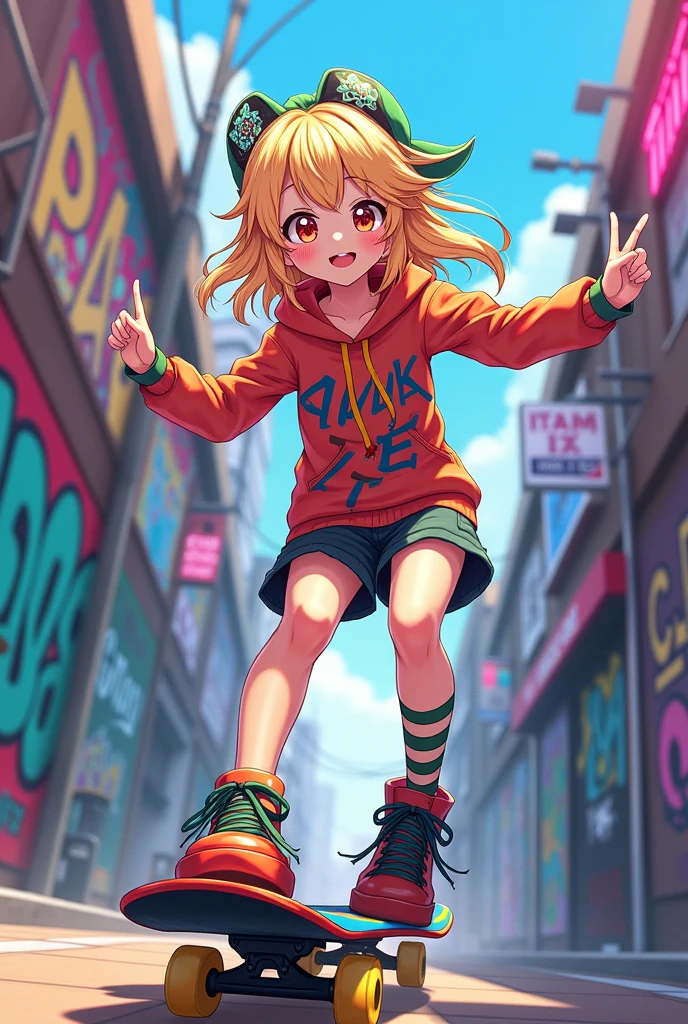 Chica anime genshin impact en skateboard letras hip hop
