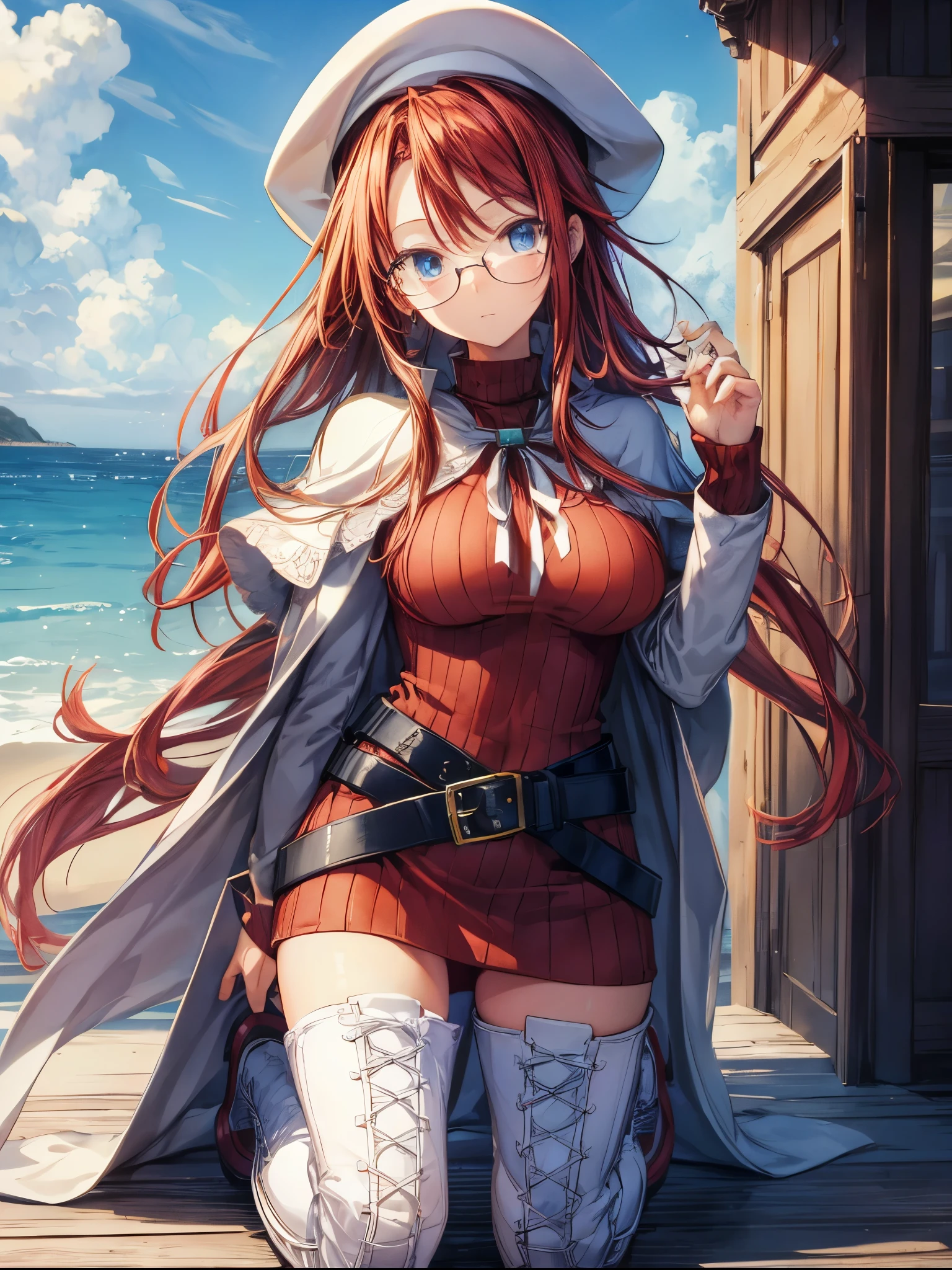 summonnightaty, aty, (young:1.3),long hair, blue eyes, red hair, big_tits, hat, glasses,
BREAK long hair, thighhighs, dress, glasses, belt, cape, sweater, zettai ryouiki, beret, thigh boots, white footwear, ribbed sweater, loose belt,solo,
BREAK outdoors, fantasy,
,Highquality_hads,perfect_fingers,
BREAK (masterpiece:1.2), best quality, high resolution, unity 8k wallpaper, (illustration:0.8), (beautiful detailed eyes:1.6), extremely detailed face, perfect lighting, extremely detailed CG, (perfect hands, perfect anatomy),covered_nipples,covered_navel ,half_eyes,long_sword,sleepy_eyes,red_sweater,apart_knees,spread_legs, book,have_a_book,teacher,rise_knee,light_Smile,rise_hand,open_arms,beach_landscape,,plump,open_mouth, dynamic_posing,solokneeling, slouch,half_eyes,
