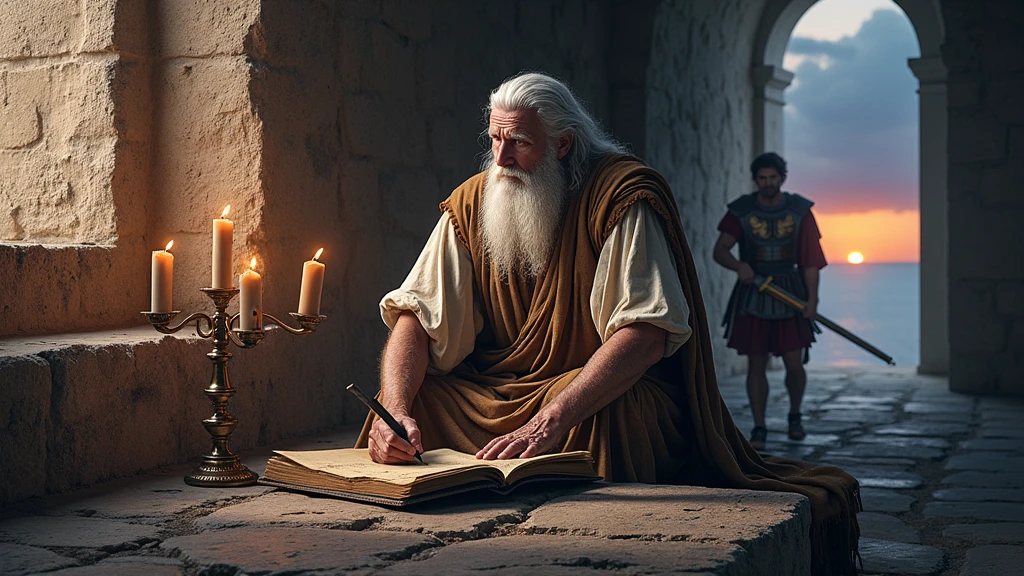 A captivating and beautiful cinematic scene, the year is 2000 BC, an elderly man of Hebrew descent, his name is John, apostle of Jesus Christ, clothes is a tunic from the time of the Roman Empire, the man is 7, long white hair, big, well-groomed white beard, is imprisoned in a Roman prison inside a rock cell inside a rock, just a big window with rays of vivid sunshine ,where the landscape is the beautiful sunset at sea, on his knees he is just writing with fine charcoal on a beautiful brown leather parchment , your clothes torn and dirty, a candlestick is lit next to you , a handsome Roman soldier of the rank of Roman centurion and his impeccable uniform with a beautiful gladiolus sword in hand, escorts the convict outside the cell, the prison is lit by torches, the island of Patmos Rocky.